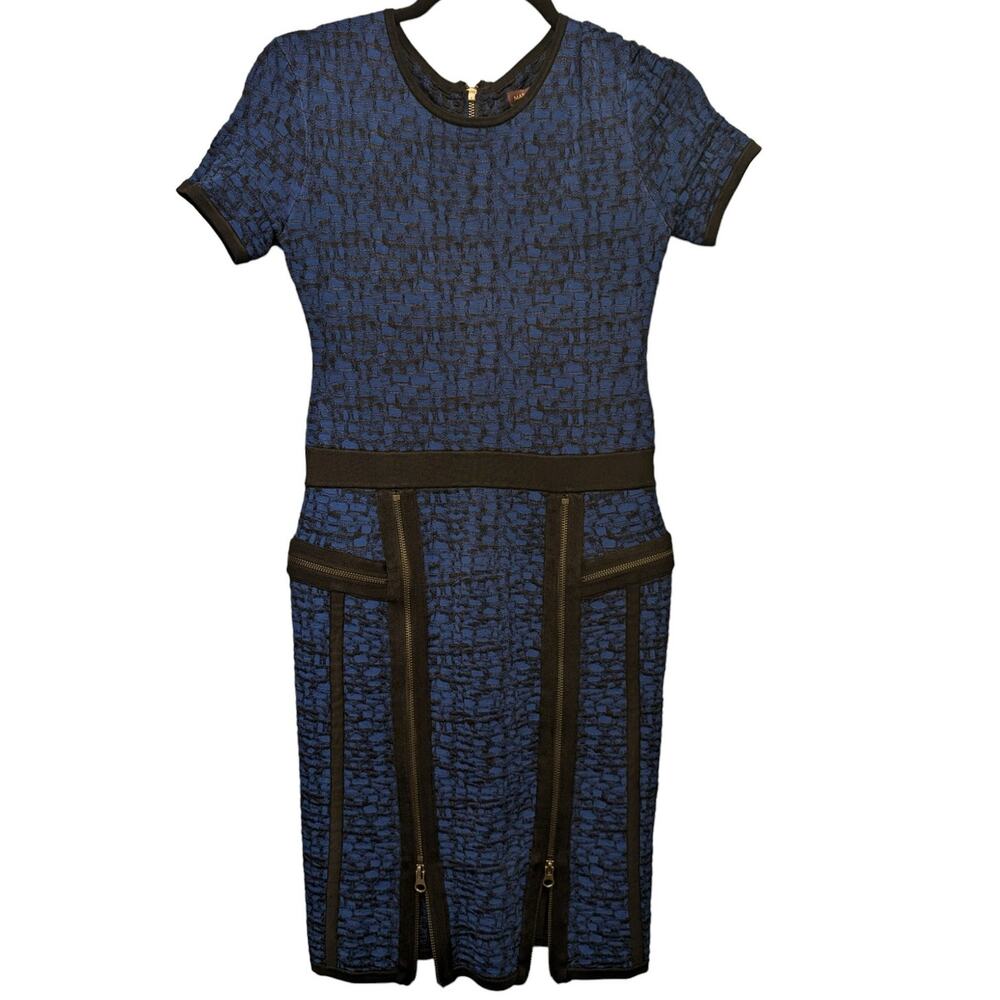 Marchesa Voyage‎ Textured Knit Zip Moto Sheath Dress Size Small Blue Black